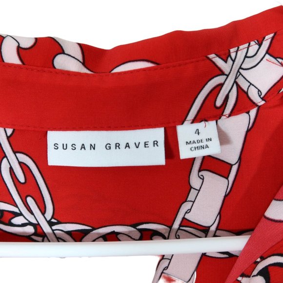 SUSAN GRAVER Size 4 Red White Chain Print Tie Front Button Up Blouse Shirt Top - Picture 4 of 5